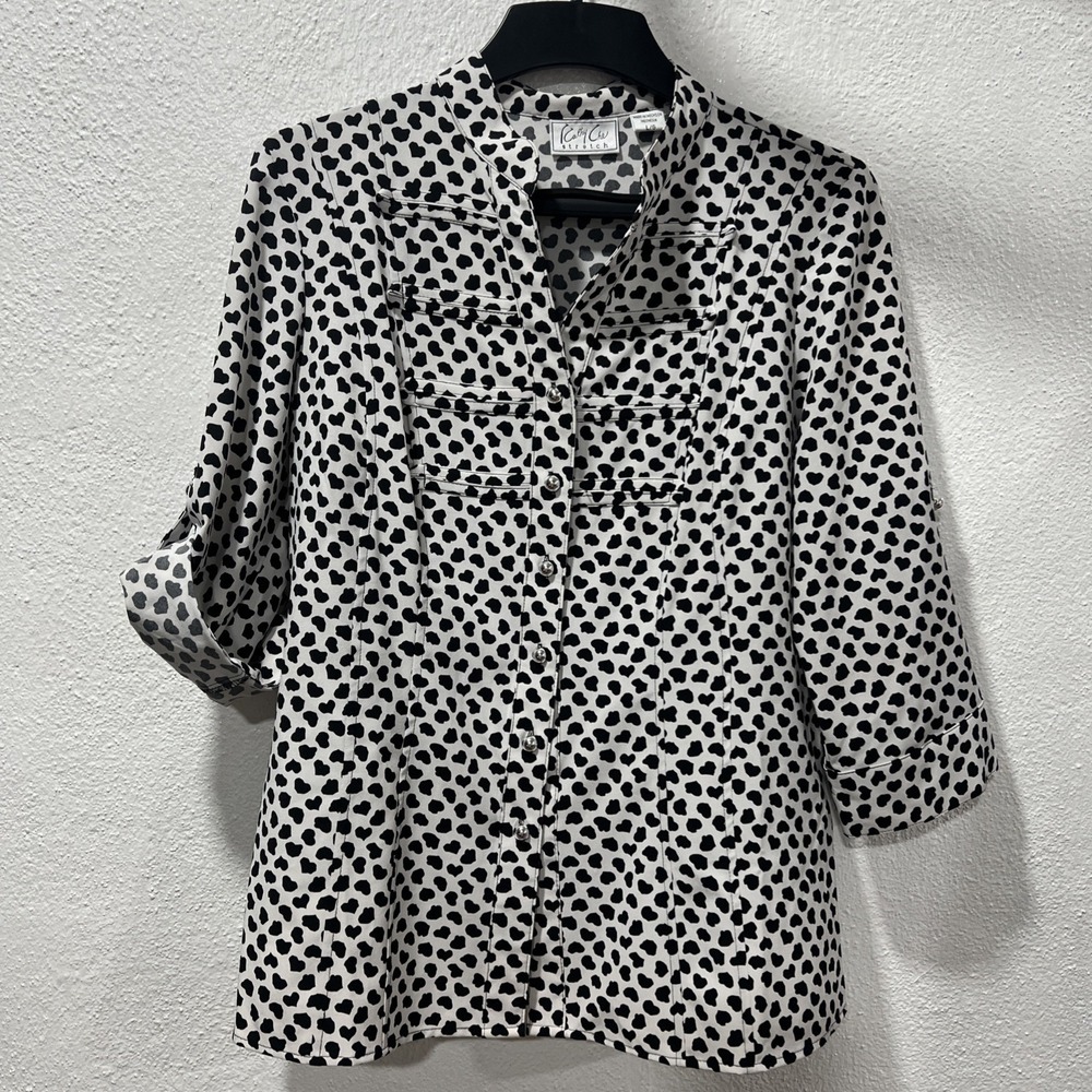 Kathy Che Button Up Blouse Top Polka Dot 3/4 Fold‎ Sleeve White Black Size L